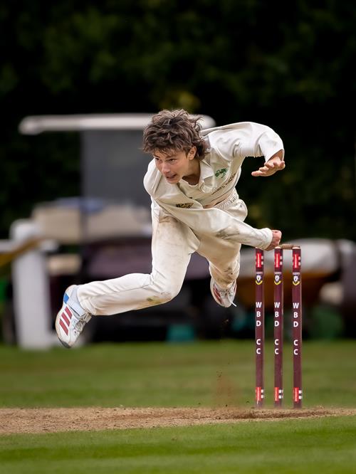Archie Dodds bowling for Buckinghamshire on the second day of the NCCA Cluberly Championship Final against Devon held at West Bromwich Dartmouth Cricket Club from September 6th–9th, 2026.