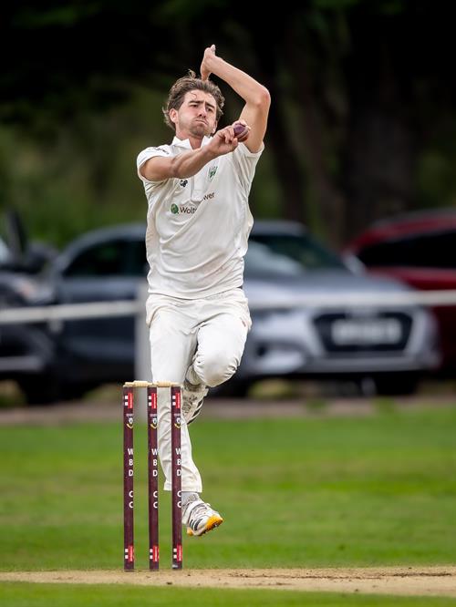 Ed Bragg bowling for Buckinghamshire on the third day of the NCCA Cluberly Championship Final against Devon held at West Bromwich Dartmouth Cricket Club from September 6th–9th, 2026.
