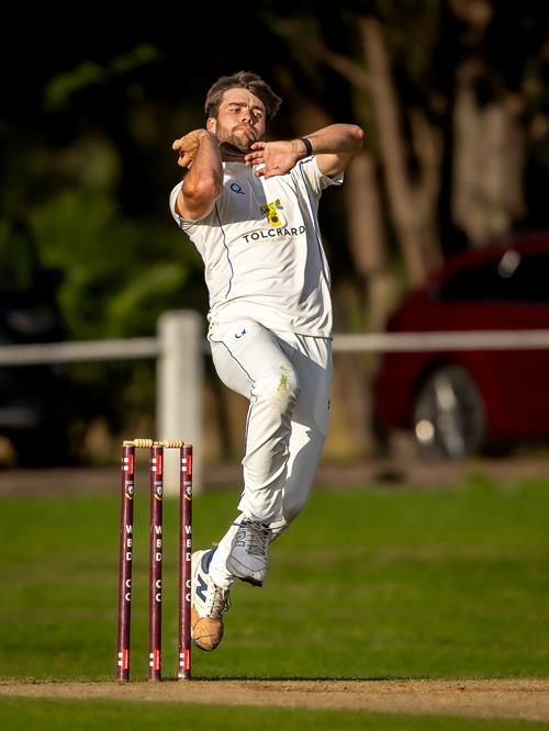 James Matravers bowling for Devon on the third day of the NCCA Cluberly Championship Final against Buckinghamshire held at West Bromwich Dartmouth Cricket Club from September 6th–9th, 2026.