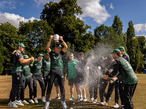 Berkshire celebrating with the NCCA NV Play Trophy after defeating Cheshire by 112 runs in the final at Copdock and Old Ipswichian Cricket Club on 19th July, 2026.