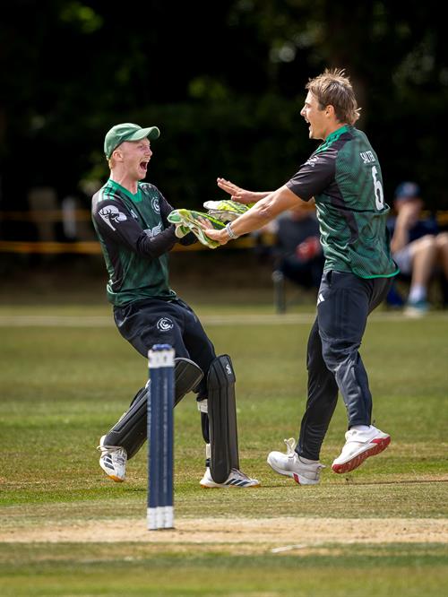 Berkshire's Ben Salter (right) won the Player of the Match award after scoring 49 runs and taking 4 wickets in the NCCA NV Play Trophy Final at Copdock and Old Ipswichian Cricket Club on 19th July, 2026.