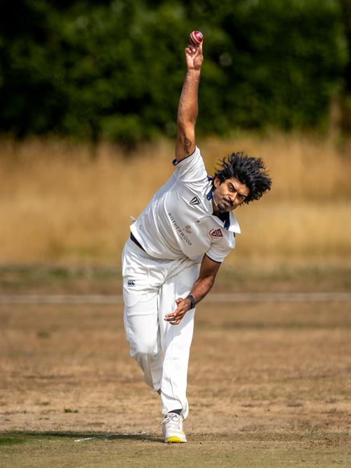 Roshan Venkataraman bowling for Herefordshire on the first day of the NCCA Cluberly Championship match against Oxfordshire held at Thame Town Cricket Club from August 16th–18th, 2026. 