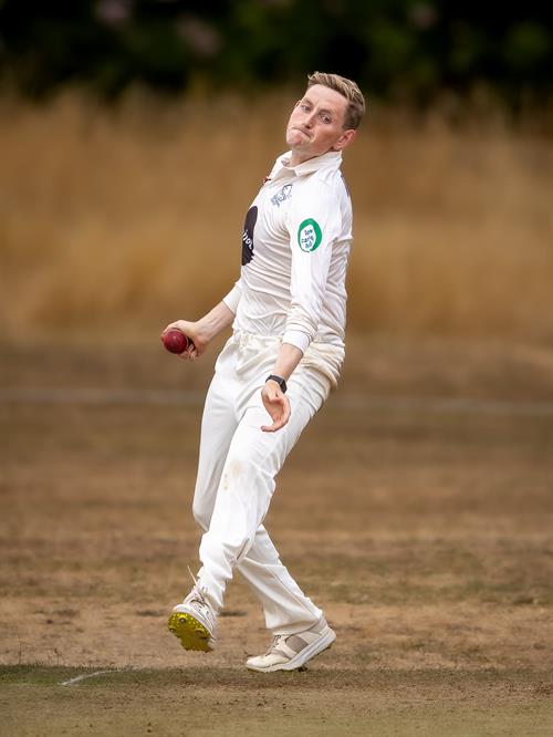 Max Mannering bowling for Oxfordshire on the first day of the NCCA Cluberly Championship match against Herefordshire held at Thame Town Cricket Club from August 16th–18th, 2026.