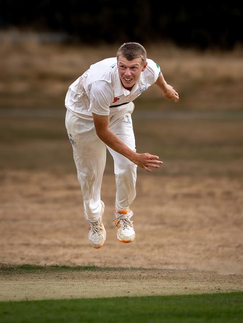 Oxfordshire's Jack Warner bowling on the first day of the NCCA Cluberly Championship match against Herefordshire held at Thame Town Cricket Club from August 16th–18th, 2026.