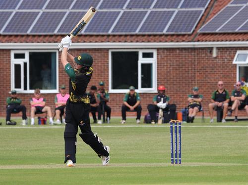Lincolnshire v Cambridgeshire, NCCA T20 Group 2 match, held at Barton Town CC on 21/06/2026 .
Joe Pocklington hits straight, watched by his Lincolnshire teammates.