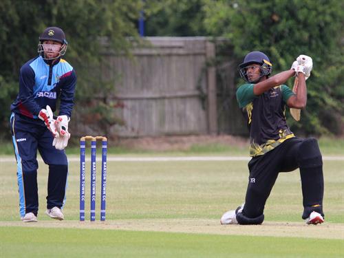 Lincolnshire v Cambridgeshire, NCCA T20 Group 2 match, held at Barton Town CC on 21/06/2026 .
Pranav Pothula of Lincolnshire hit a quick fire 10 runs from 11 balls, watched by wicket keeper J. W. Tetley of Cambridgeshire C.C.C.