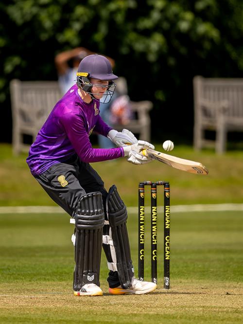 Cheshire's Henry Murray batting in the second of two NCCA Dojo T20 matches against Cumbria at Nantwich Cricket Club on June 21st, 2026.