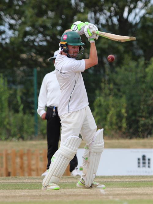 Hertfordshire v Lincolnshire, NCCA Cluberly Eastern Div 2 match, held at Lucas Lane on 26/07/26.
Sam Evans of Lincolnshire plays square to the off side.