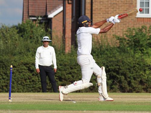 Hertfordshire v Lincolnshire, NCCA Cluberly Eastern Div 2 match, held at Lucas Lane on 26/07/2026 .
Pranav Pothula hitting out for quick runs in the Lincolnshire first innings.