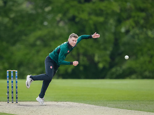 Hertfordshire's Callum Taylor bowling in the NCCA Trophy match against Wiltshire at Marlborough College on May 12th, 2024.