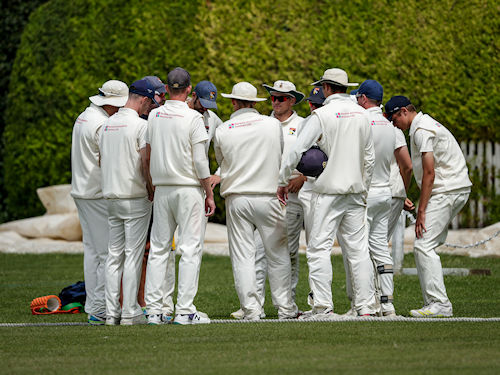 Norfolk team huddle on the second day of the Durant Cricket National Counties Championship match against Buckinghamshire at Tring Park Cricket Club on July 10th, 2023.