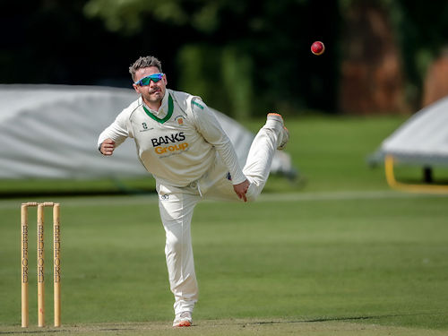 Northumberlands Oli McGee finished with figures of 5-70 from his 26 overs on the first day of the Durant Cricket National Counties Championship match against Bedfordshire at Bedford School on July 23rd, 2023.