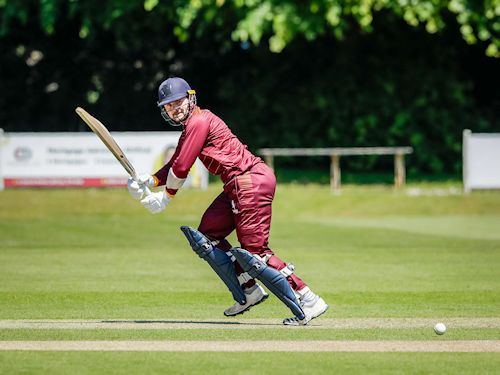 Suffolk's George Rhodes batting in the NCCA Trophy match against Shropshire at Shifnal Cricket Club on June 2nd, 2024.